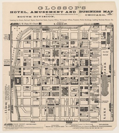 Glossops Hotel, mappa di divertimenti e affari, c.1884 da American School